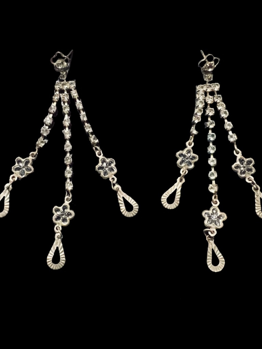 Silver Floral Drop Dangle Earrings with Clear Crystal Chains